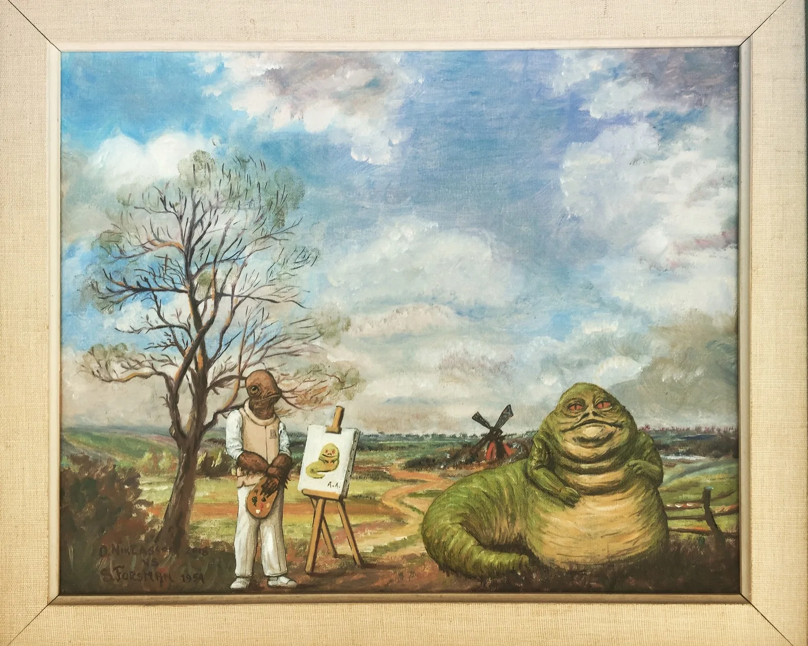 Oljemålning Admiral Ackbar målar Jabba the Hutt naken i det fria av Ola Art