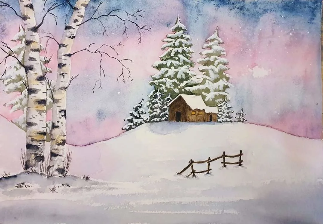 Akvarell Vinter på stugan av Anne J Drågen