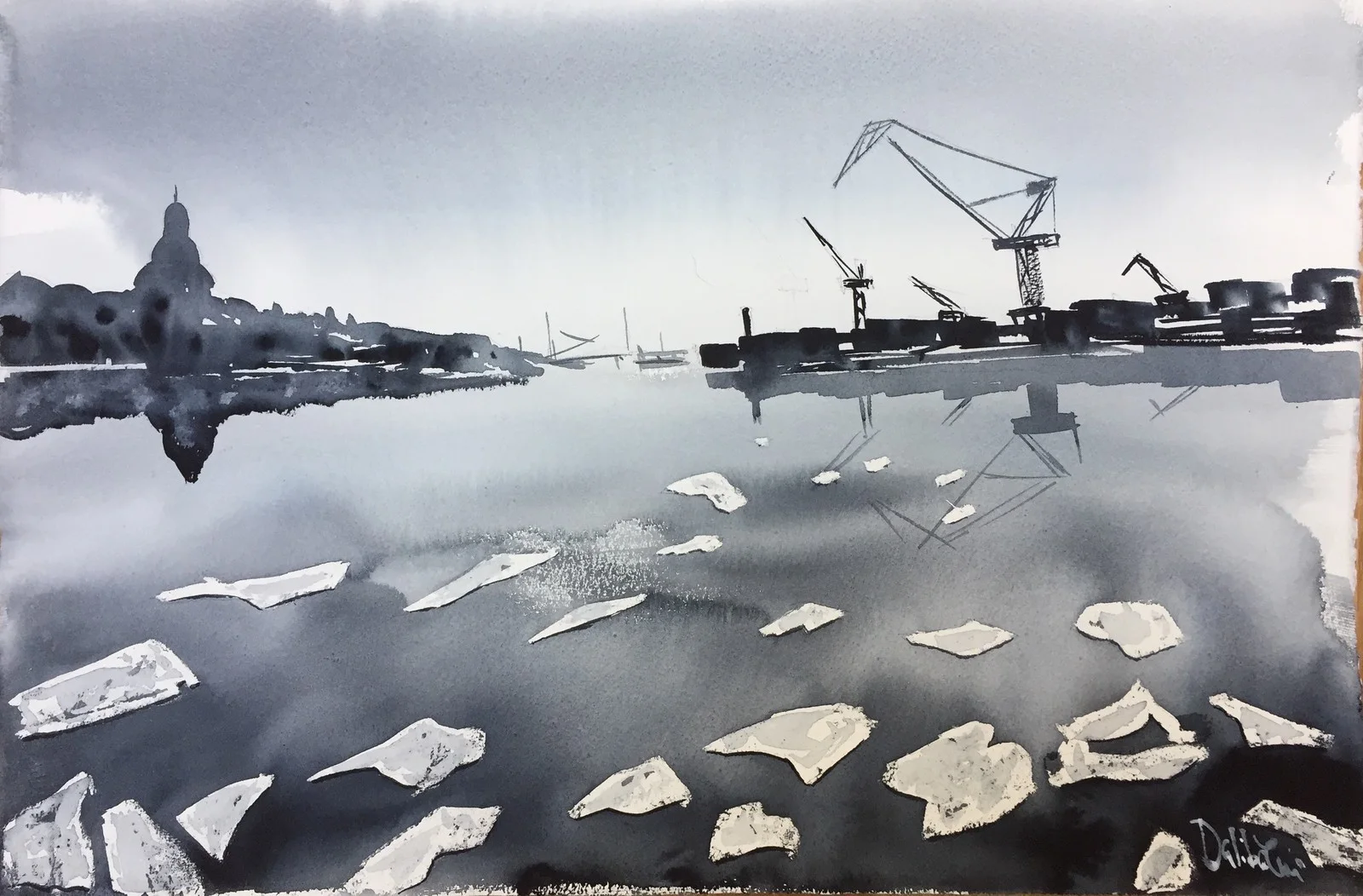 Akvarell Ice floes , Göta Älv av Emin Fine Art