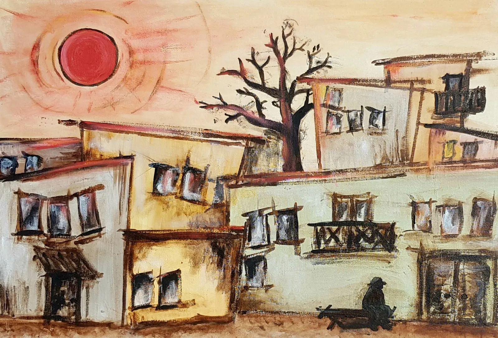 Akrylmålning Trädet i byn av Carin Kamsvåg