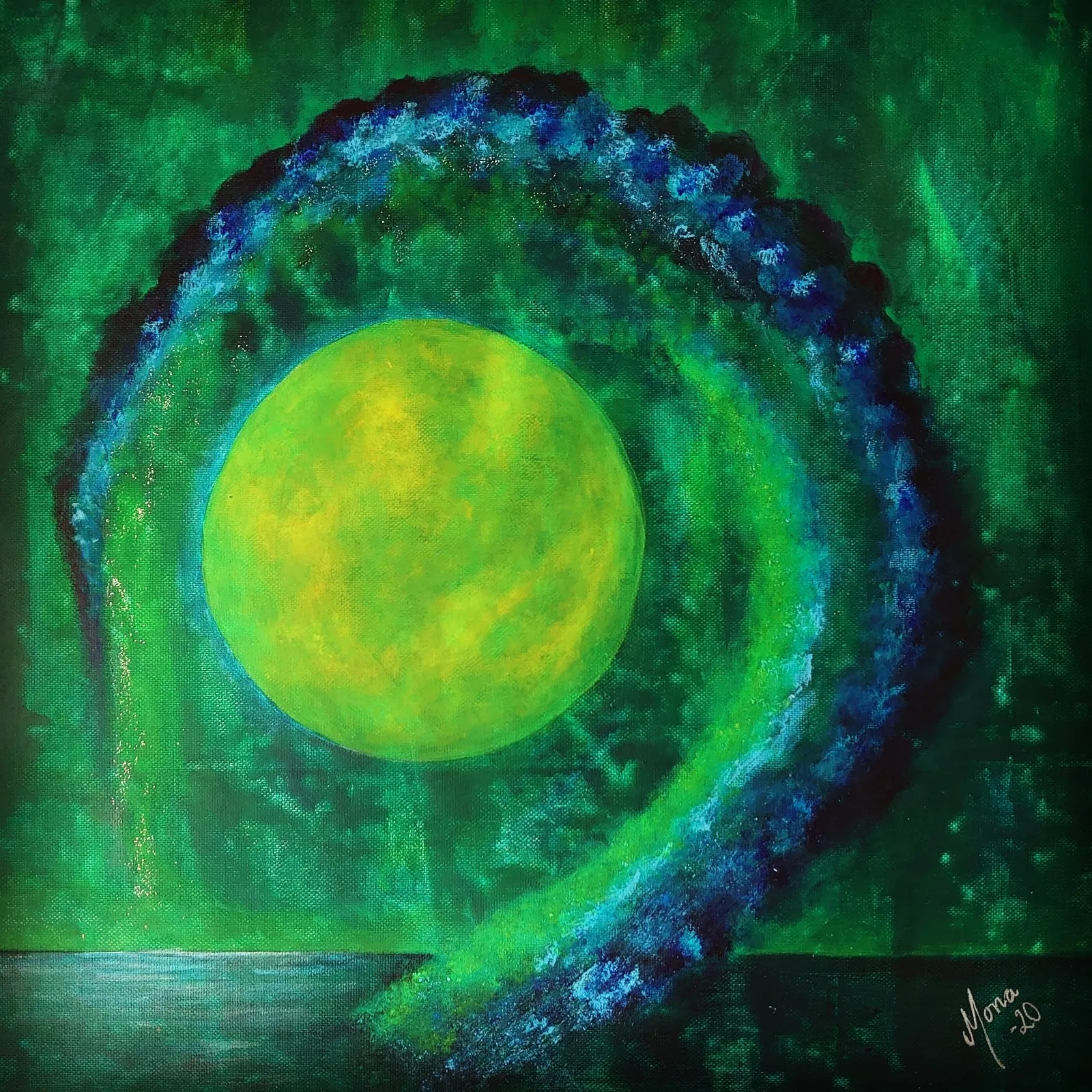 Akrylmålning Gul-grönt klot av Mona Lindström