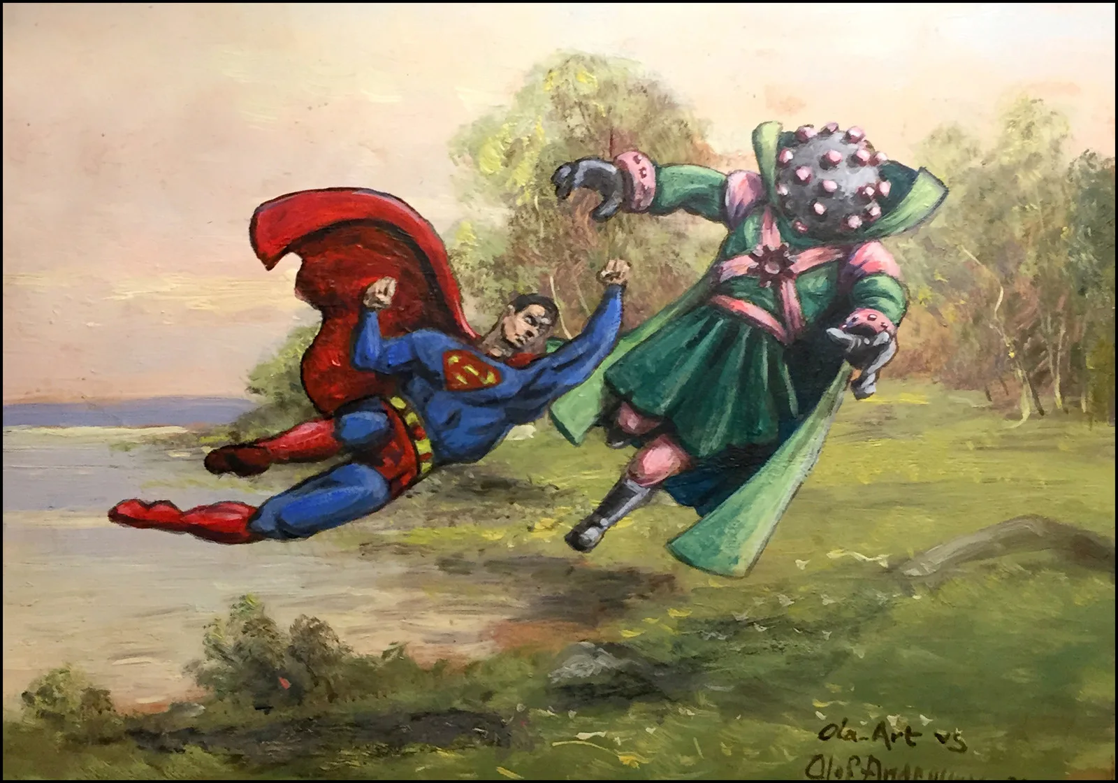 Oljemålning Superman vs Captain Corona av Ola Art