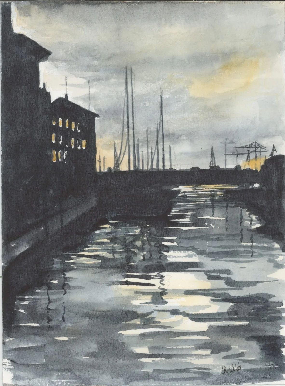 Akvarell Skymning i hamnen av Ragnhild Blomdahl