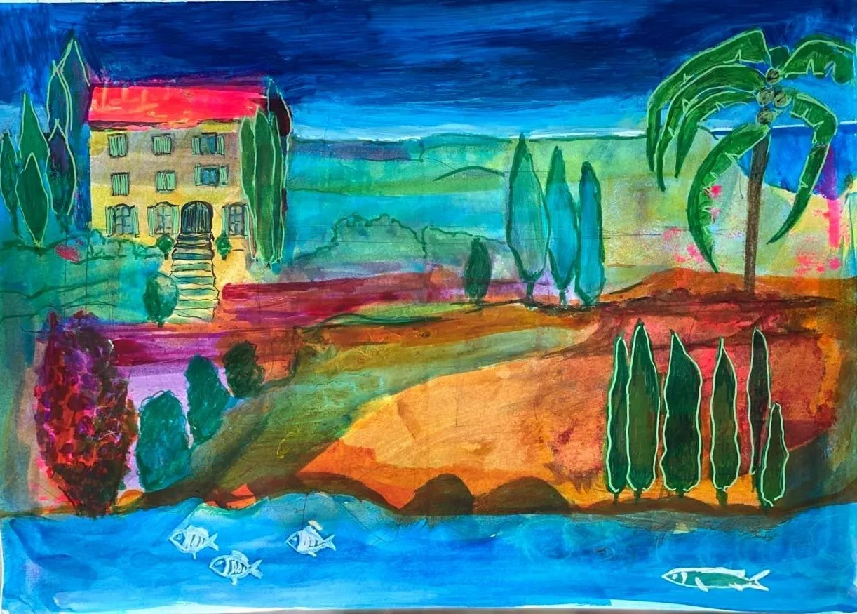 Akrylmålning "The House by the River"  original av Annika Silver