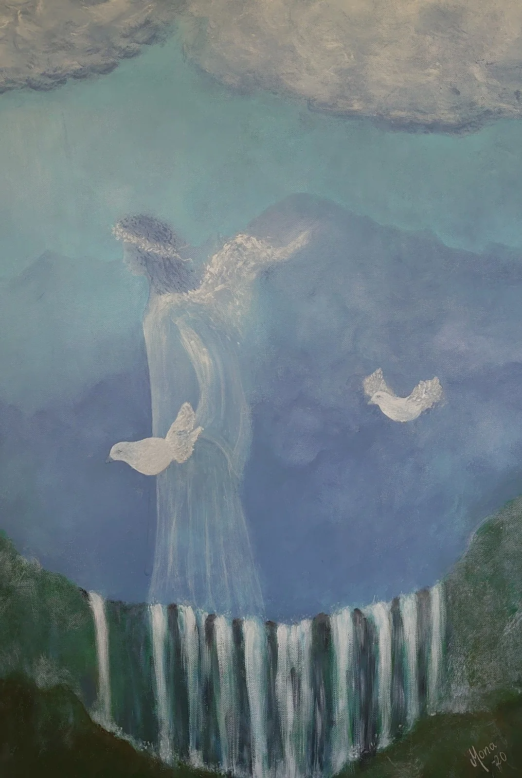 Akrylmålning Ängel vid vattenfall av Mona Lindström