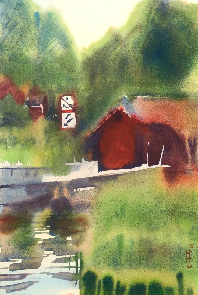 Akvarell Afton i Stärbsnäs av Fredrik Arnerup