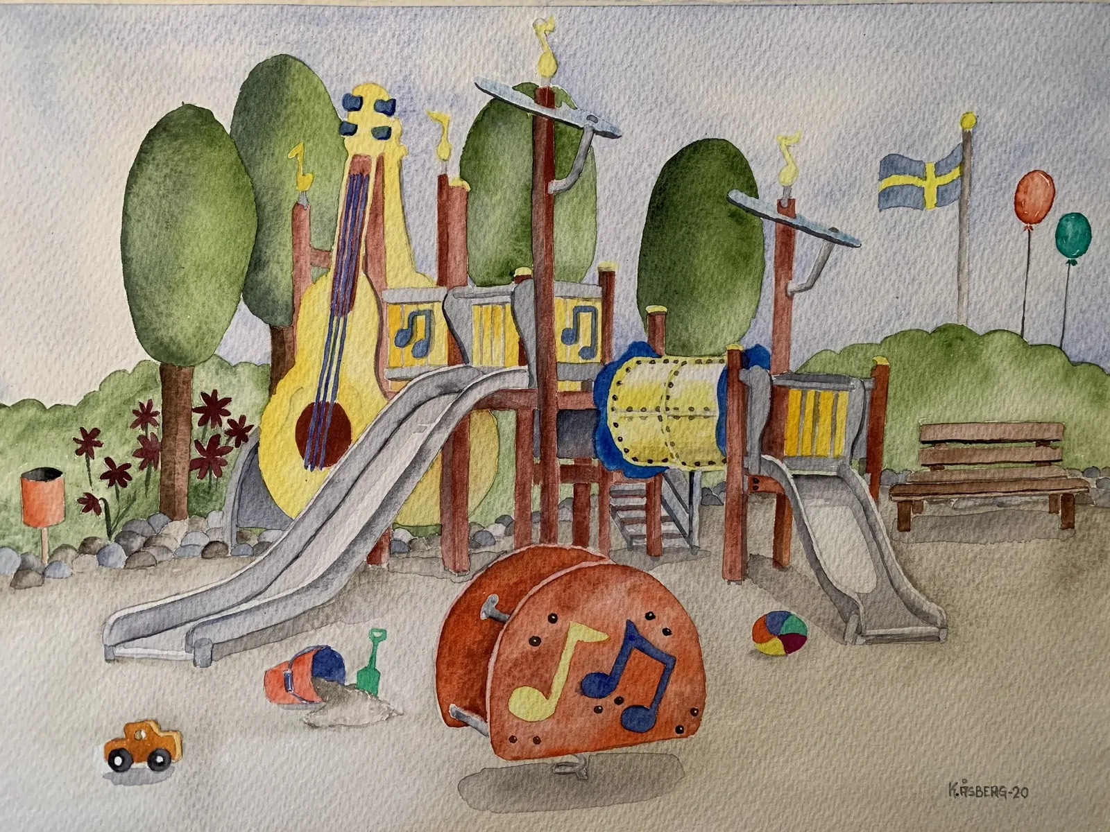 Akvarell Lekplatsen av Katarina Åsberg