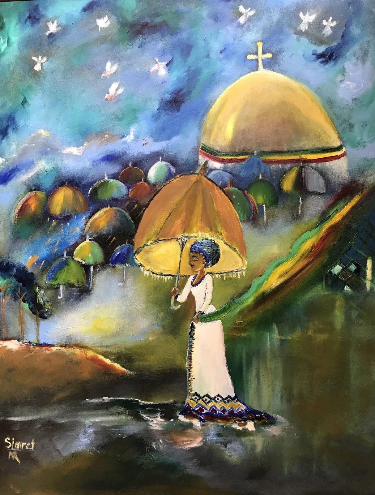 Oljemålning “Umbrellas with out people av Simret Nebrin Rylander
