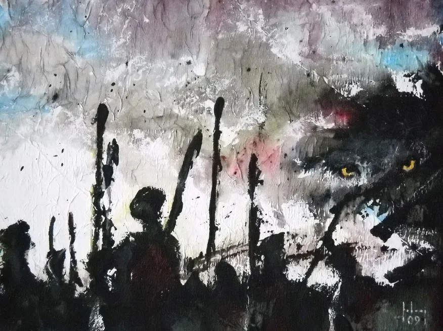 Akrylmålning Jakt i gryning av Johnny Augustsson