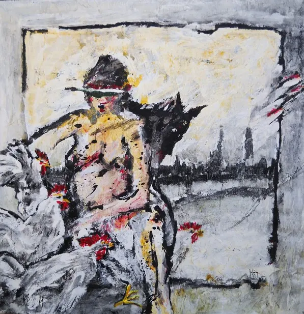 Akrylmålning Chicken race av Johnny Augustsson