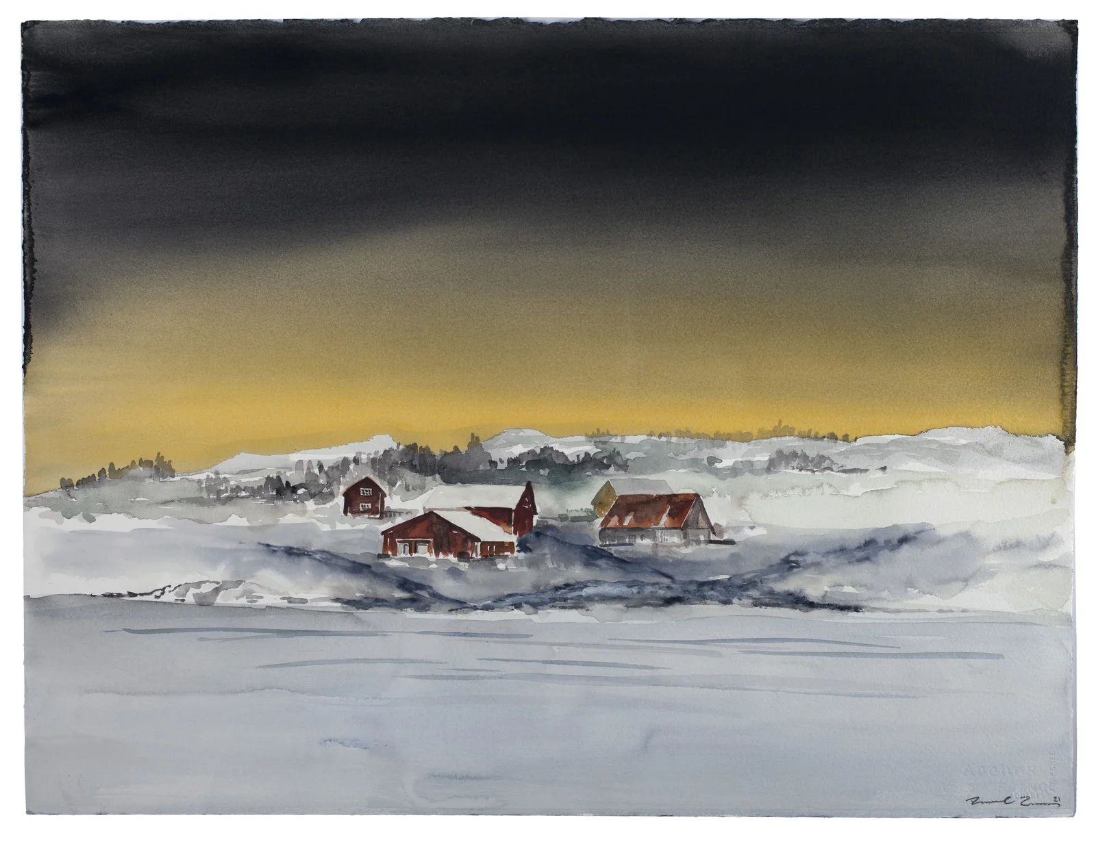 Akvarell Lador under gul himmel av Daniel Zausnig