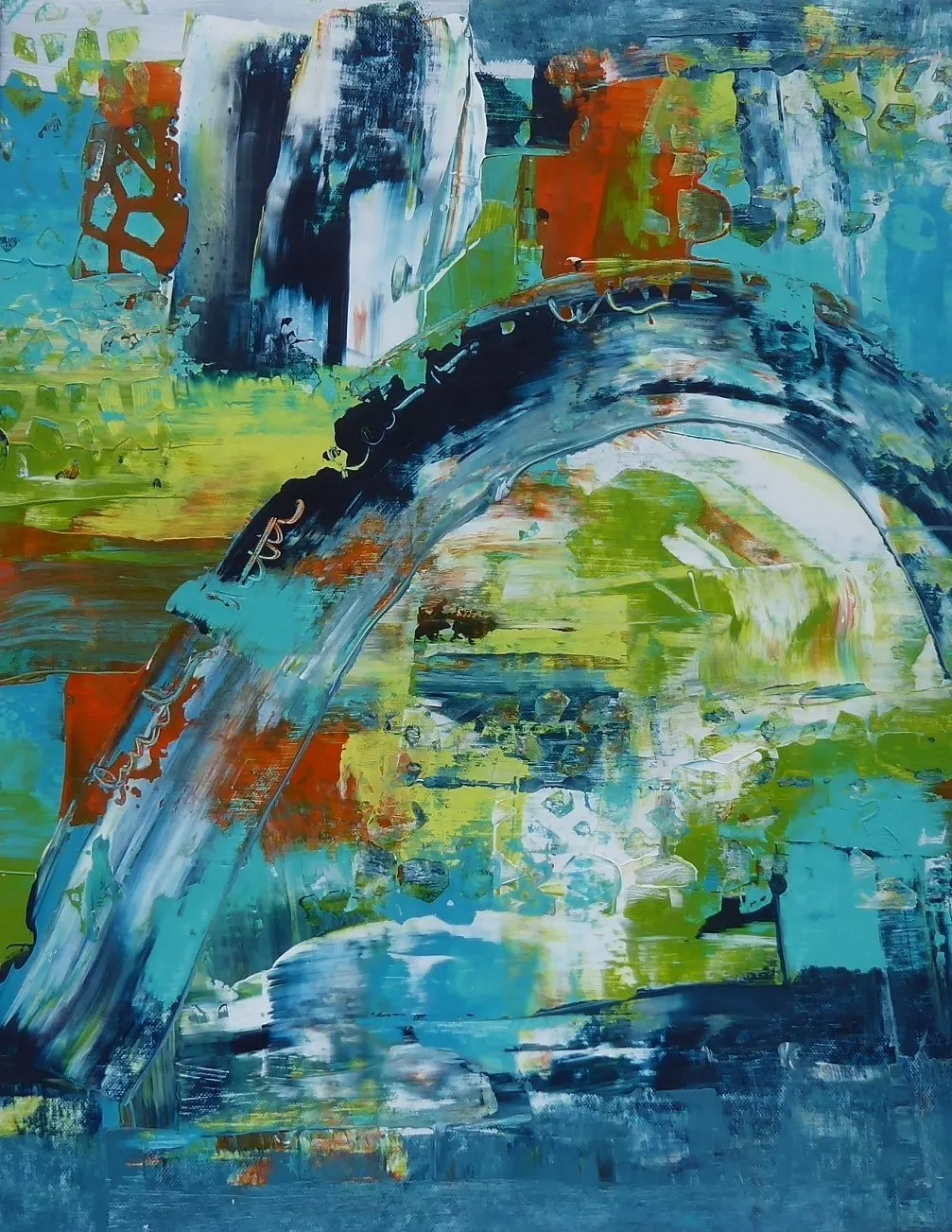 Akrylmålning The houses by the bridge av Jeanette Gunnarsson