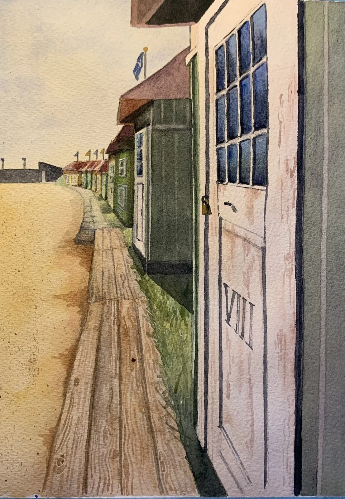 Akvarell Badhytterna i Hjo av Nina Gillbo