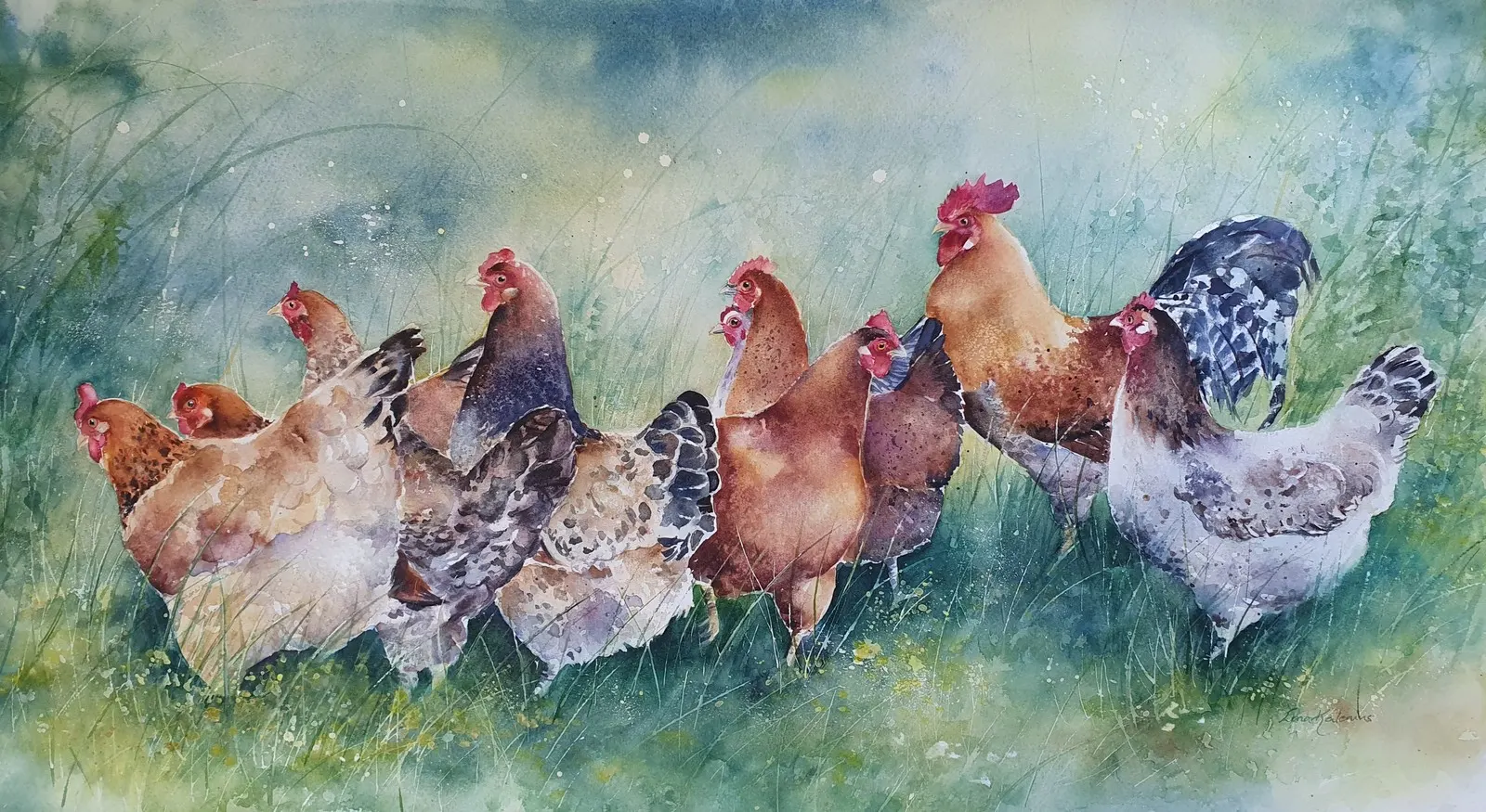 Akvarell Hönsflock i Klåvnasten av Lena Kalenius