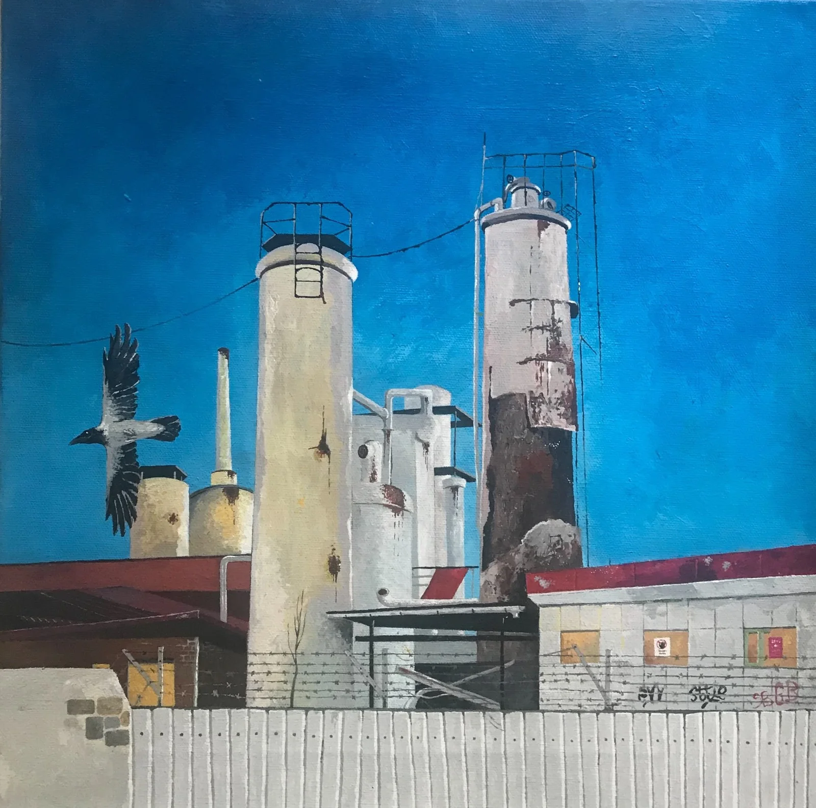 Akrylmålning Kolsyrefabriken, Lövholmen Sthlm av Börje Ahlström