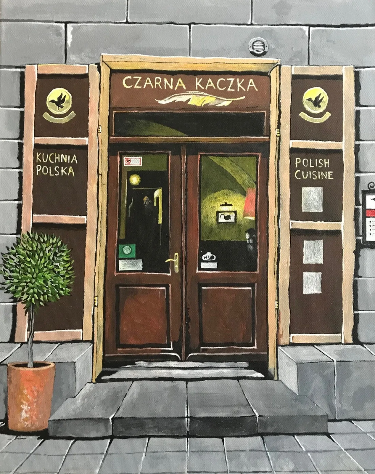 Akrylmålning Restaurang Svarta Ankan, Krakow, Polen av Börje Ahlström