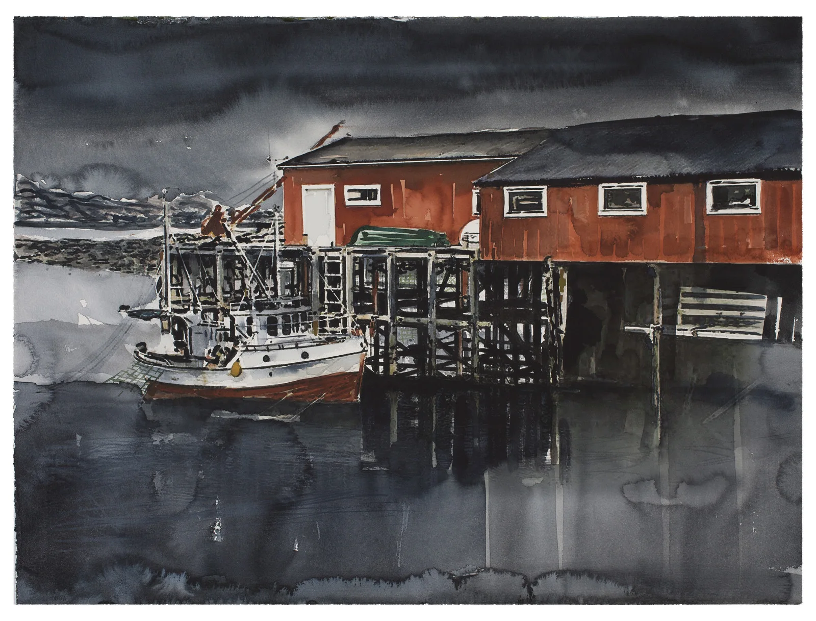 Akvarell Fiskebryggor av Daniel Zausnig