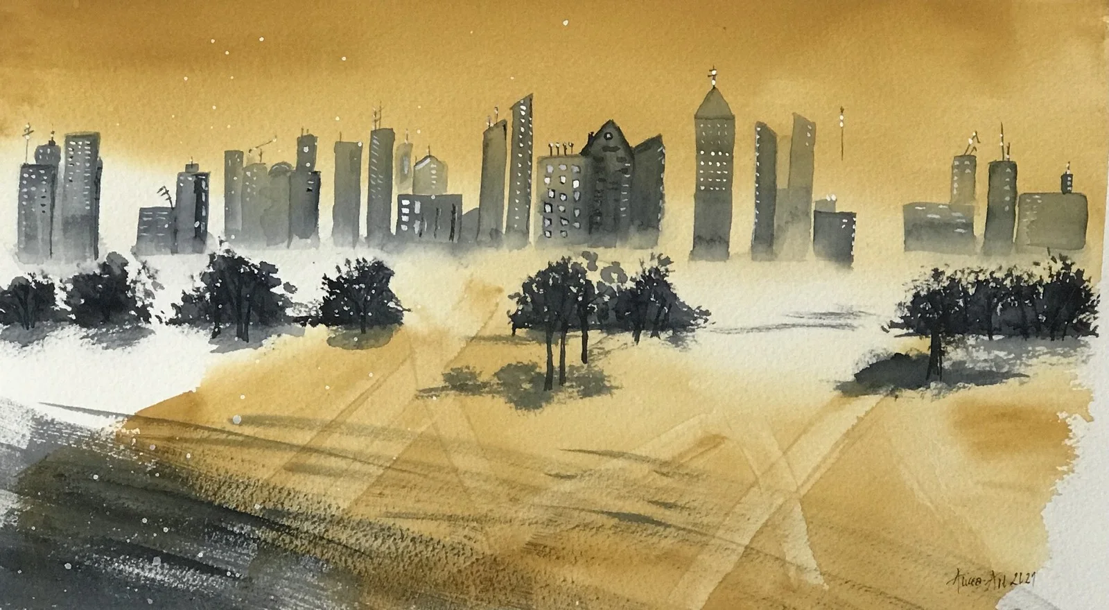 Akvarell Misty Yellow Town av Hélena Melind