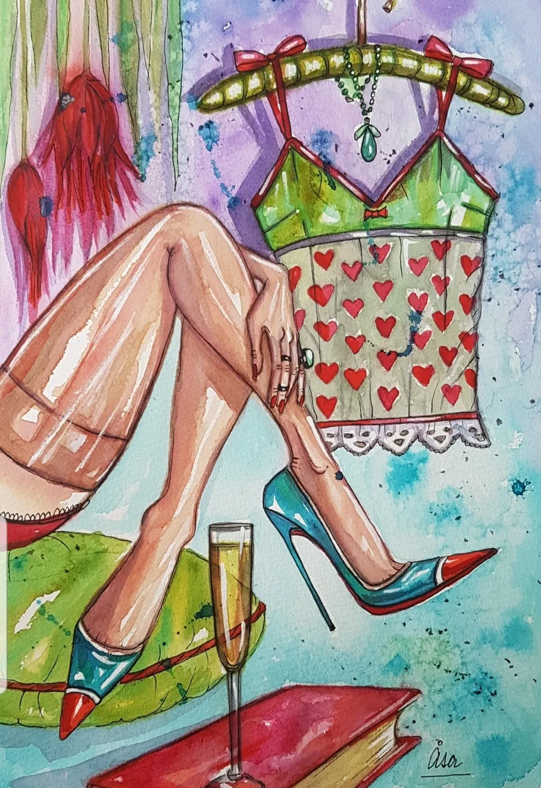 Akvarell Blue Stilettos av Åsa Uhr