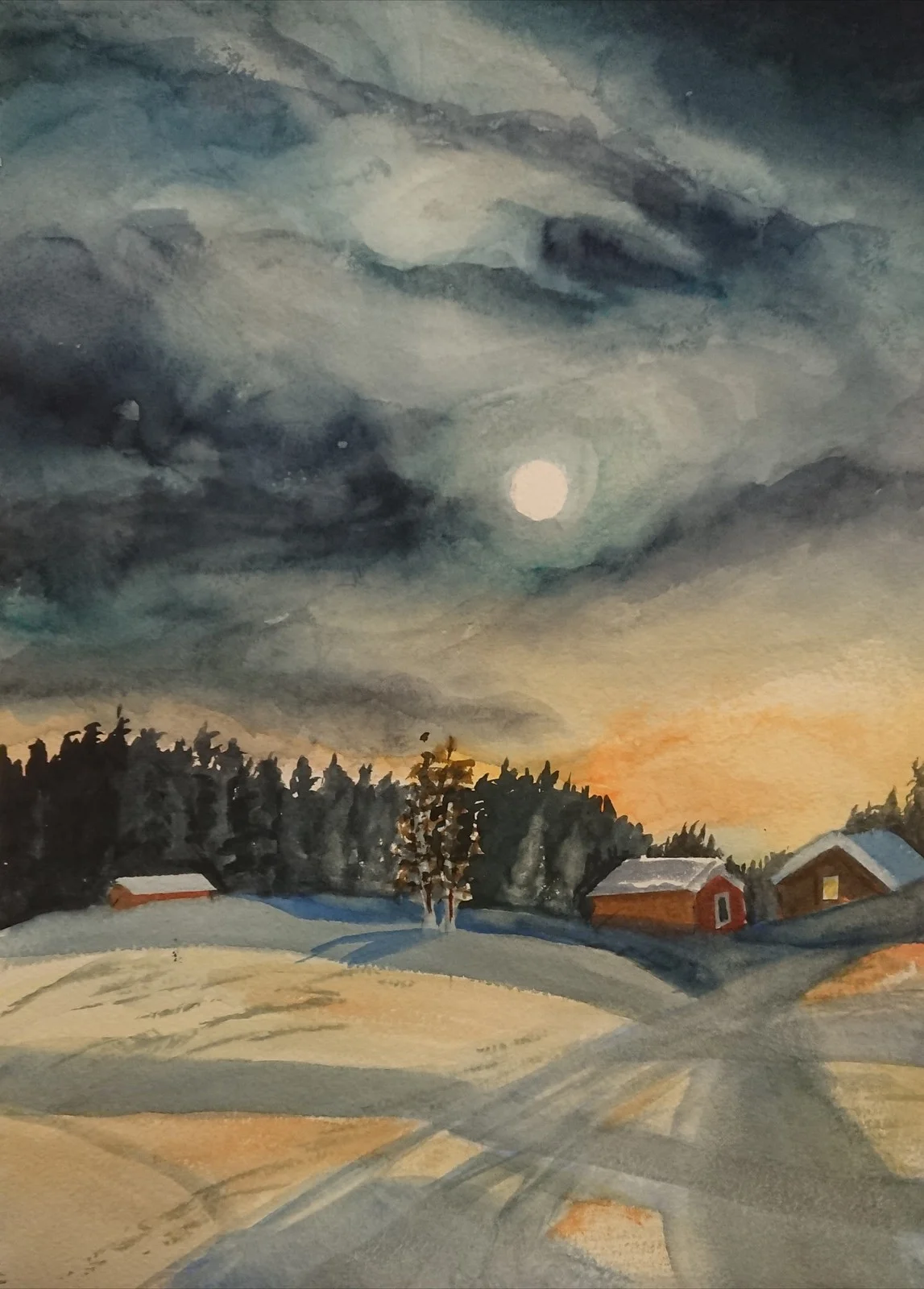 Akvarell Månsken över bygden av Marita Edlund