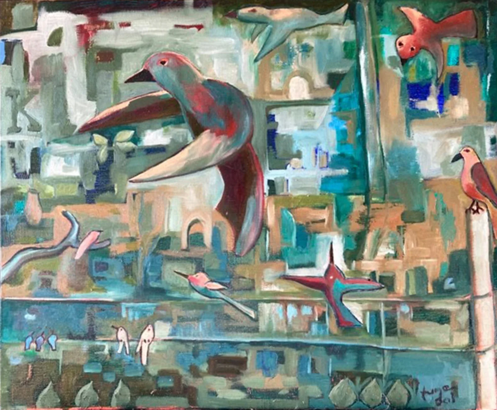 Oljemålning Playing birds av Bernard Valter