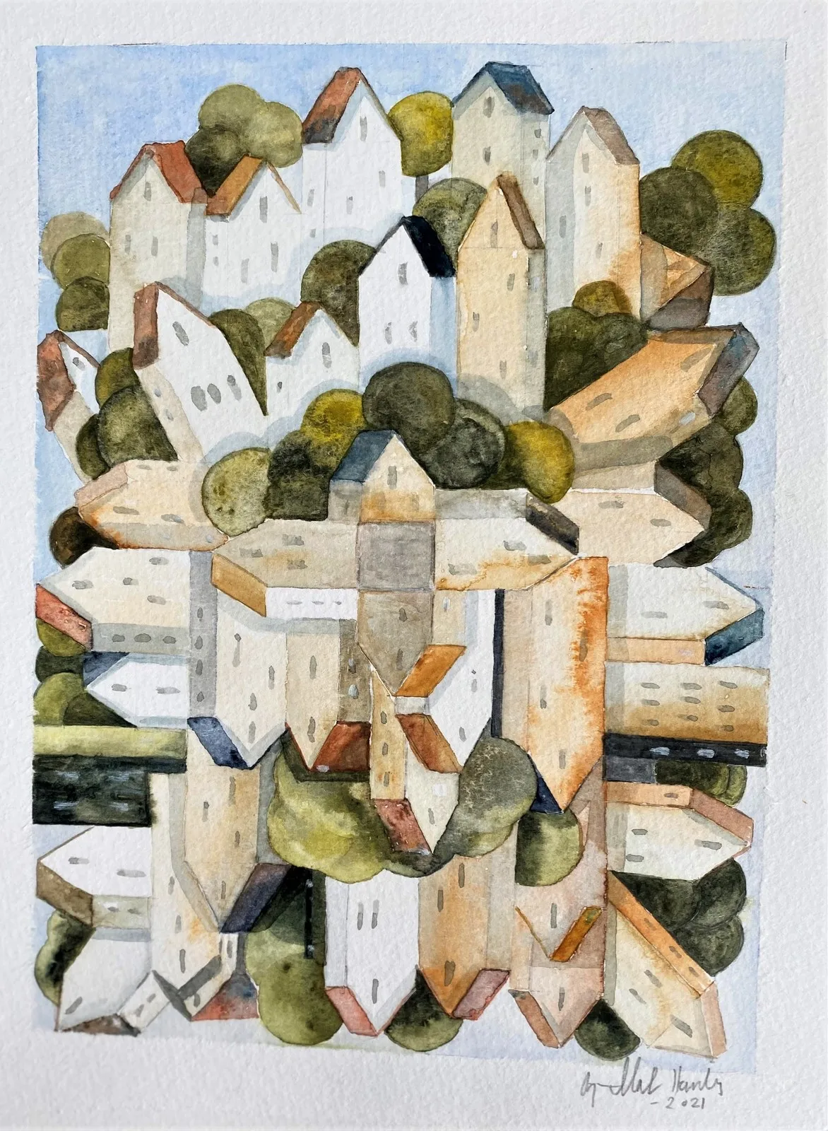 Akvarell Abstrakta hus av Bjarne Madsen Härdig