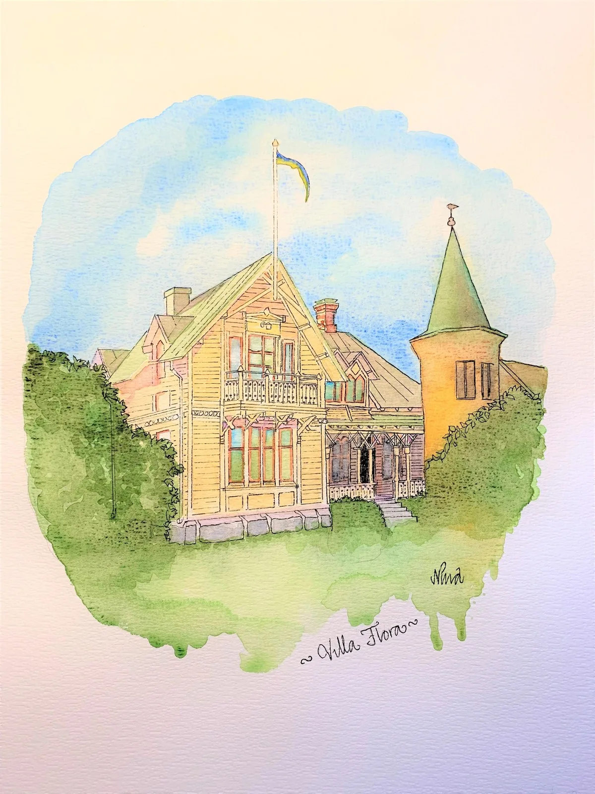 Akvarell Villa Flora av Nina Gillbo