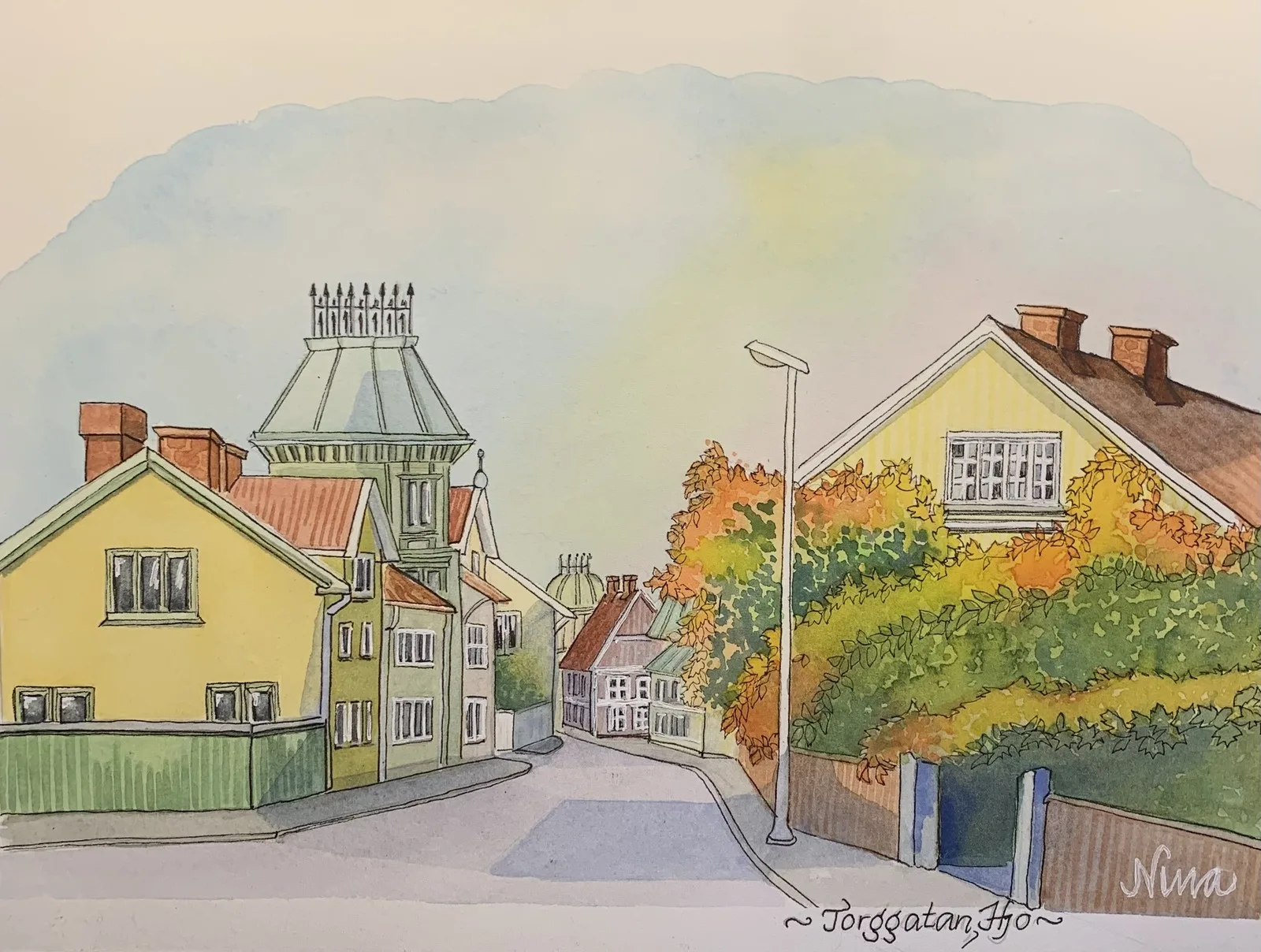 Akvarell Torggatan, Hjo av Nina Gillbo