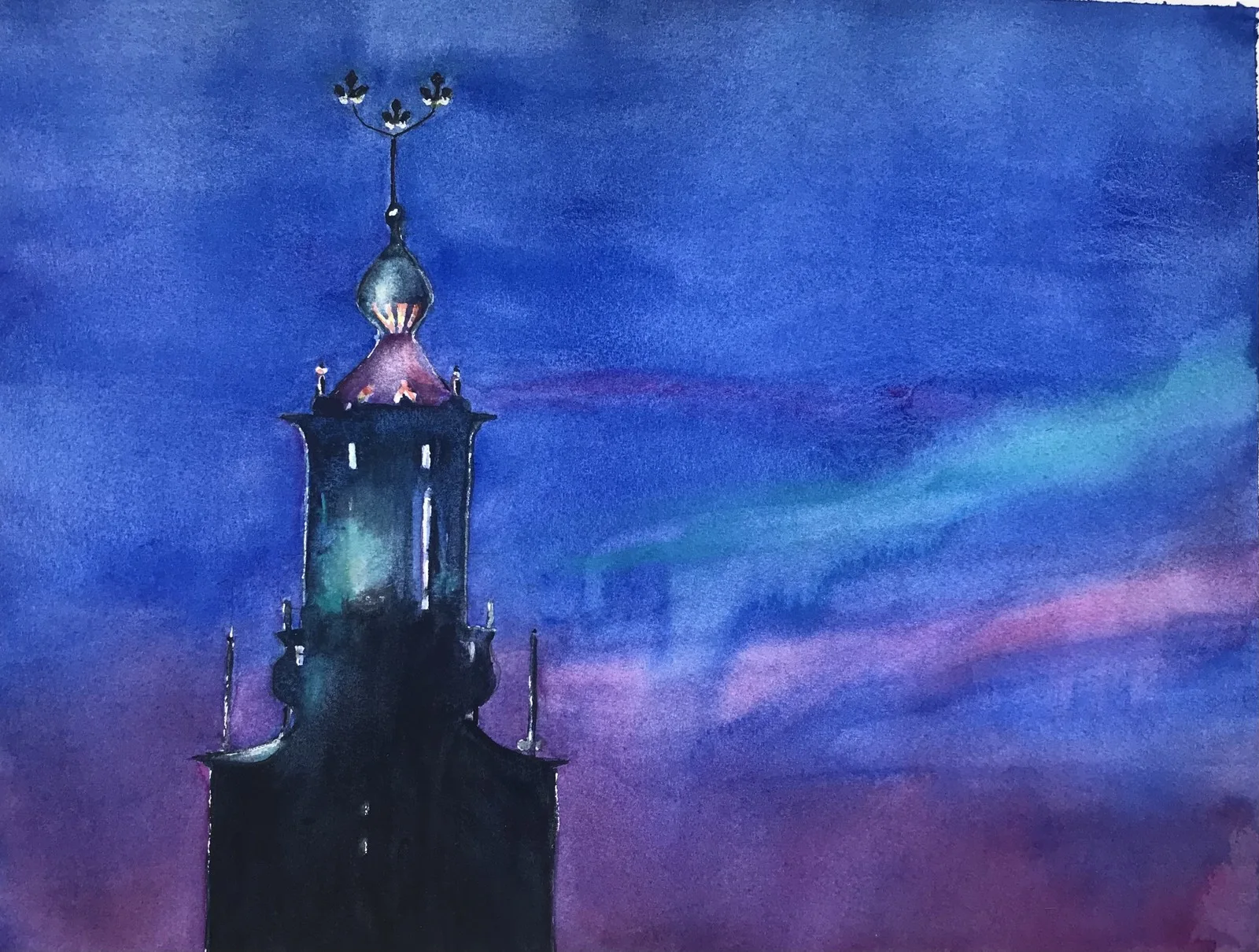 Akvarell Stockholms stadshus sen kväll av Ewa Helzen