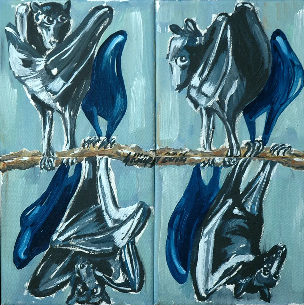 Oljemålning Quatre chauve souris et ombre bleu av Gert Rune Klapp