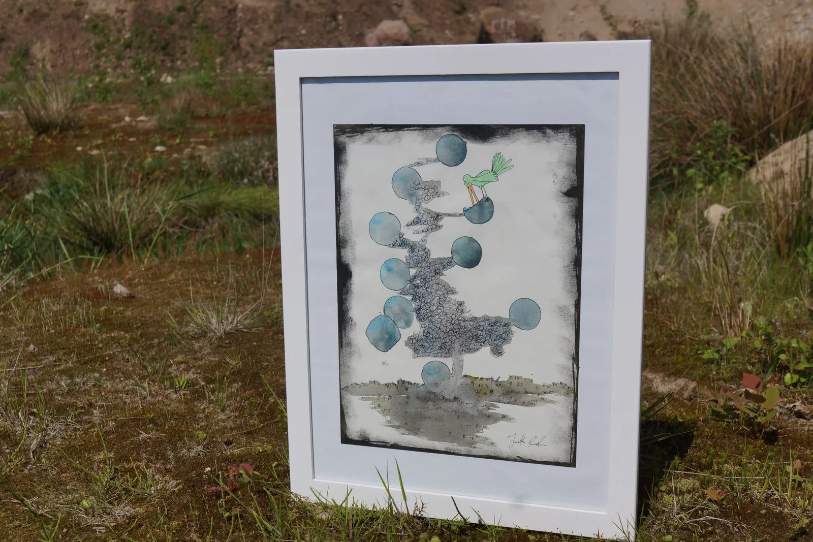 Akvarell Den gröna fågeln och det ännu konstigare trädet av Jonathan Gustafsson