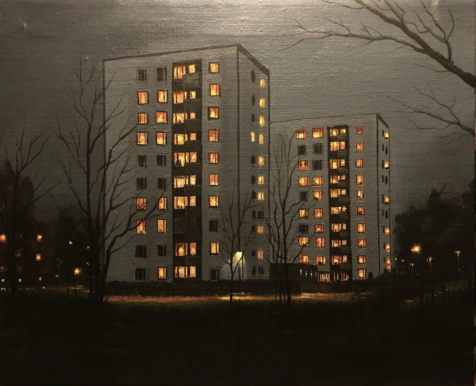 Oljemålning Svinbäcken höghus av Robert Stålbro