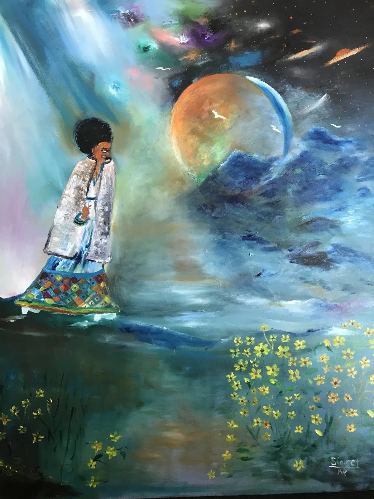 Oljemålning THIS PAINTING IS NOT AVAILABLE TO BUY “I was close to the planets” av Simret Nebrin Rylander