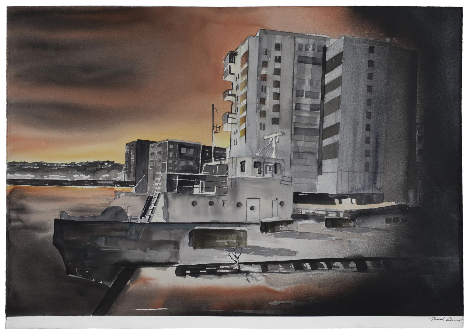 Akvarell Hamn (äldre) av Daniel Zausnig