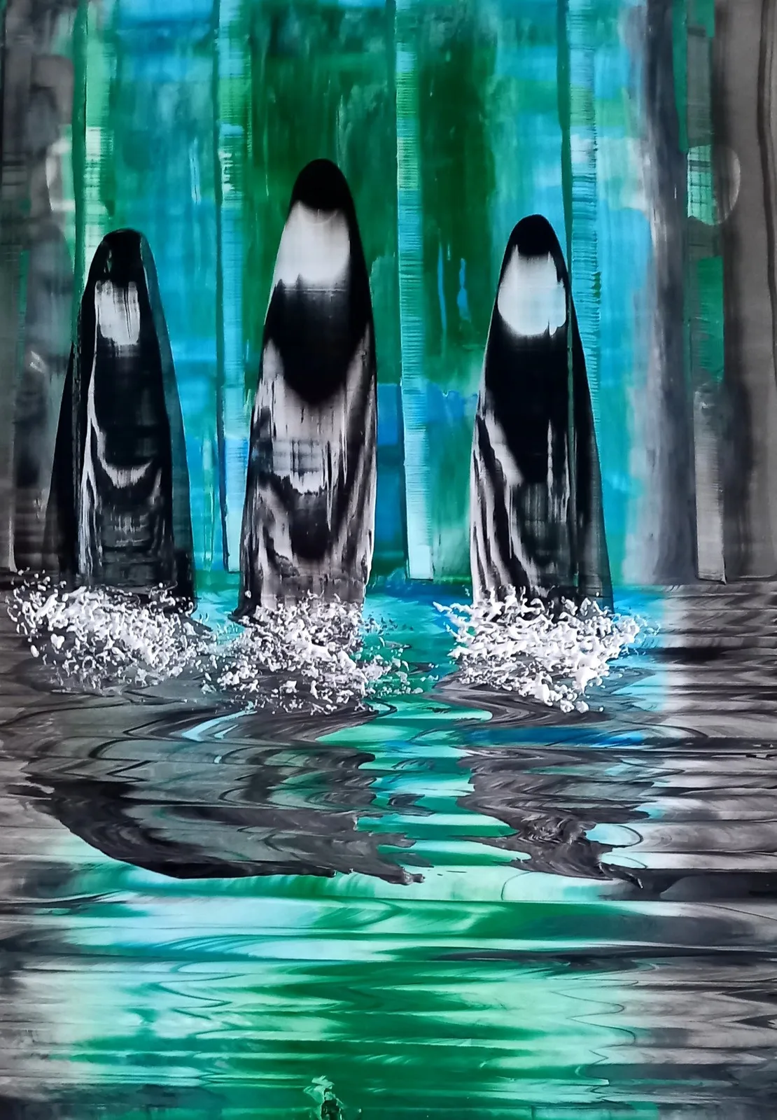 Akrylmålning Orcas in green. av Ellinor Karlsson