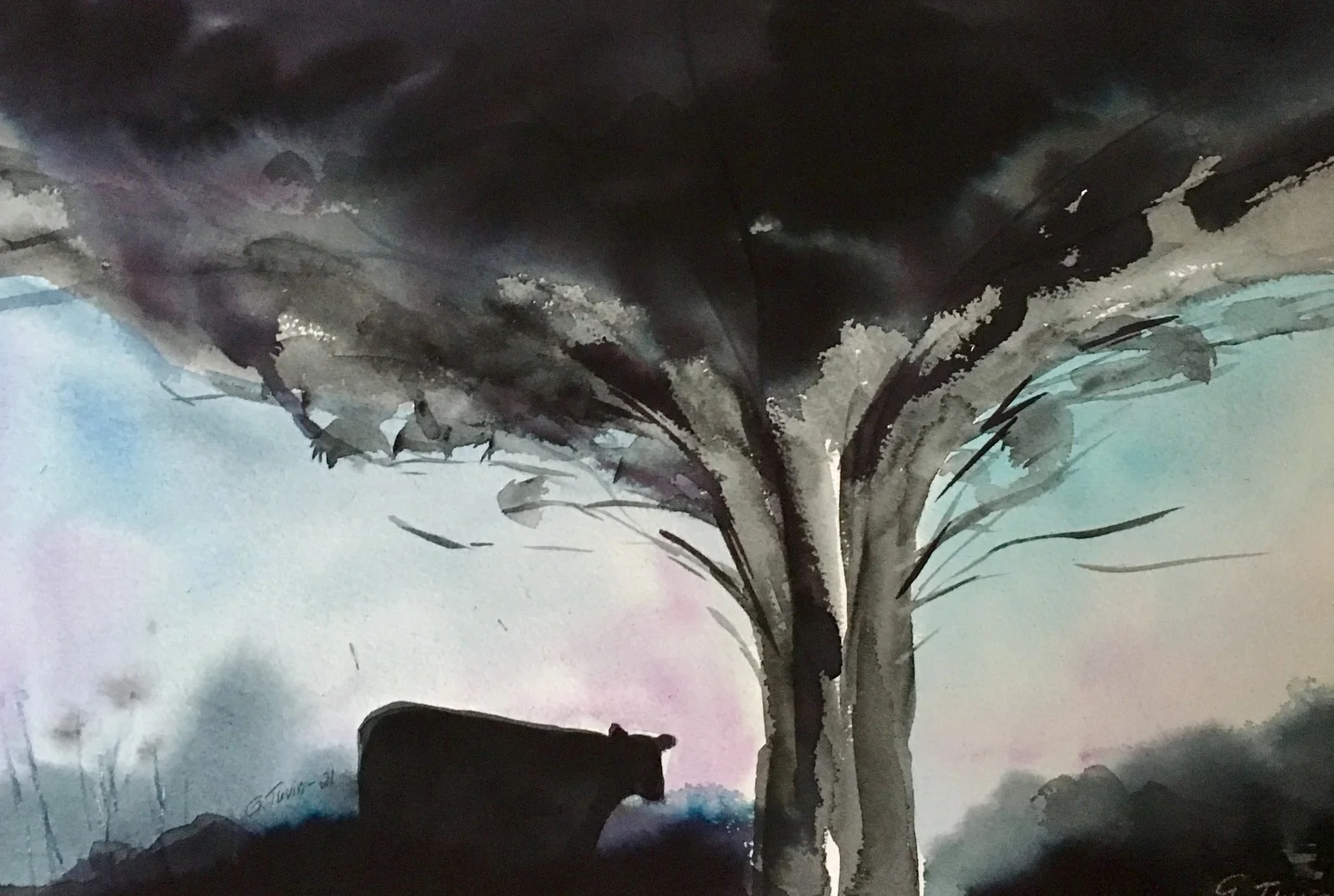 Akvarell Skymning i kohagen av Gunilla Tuvin