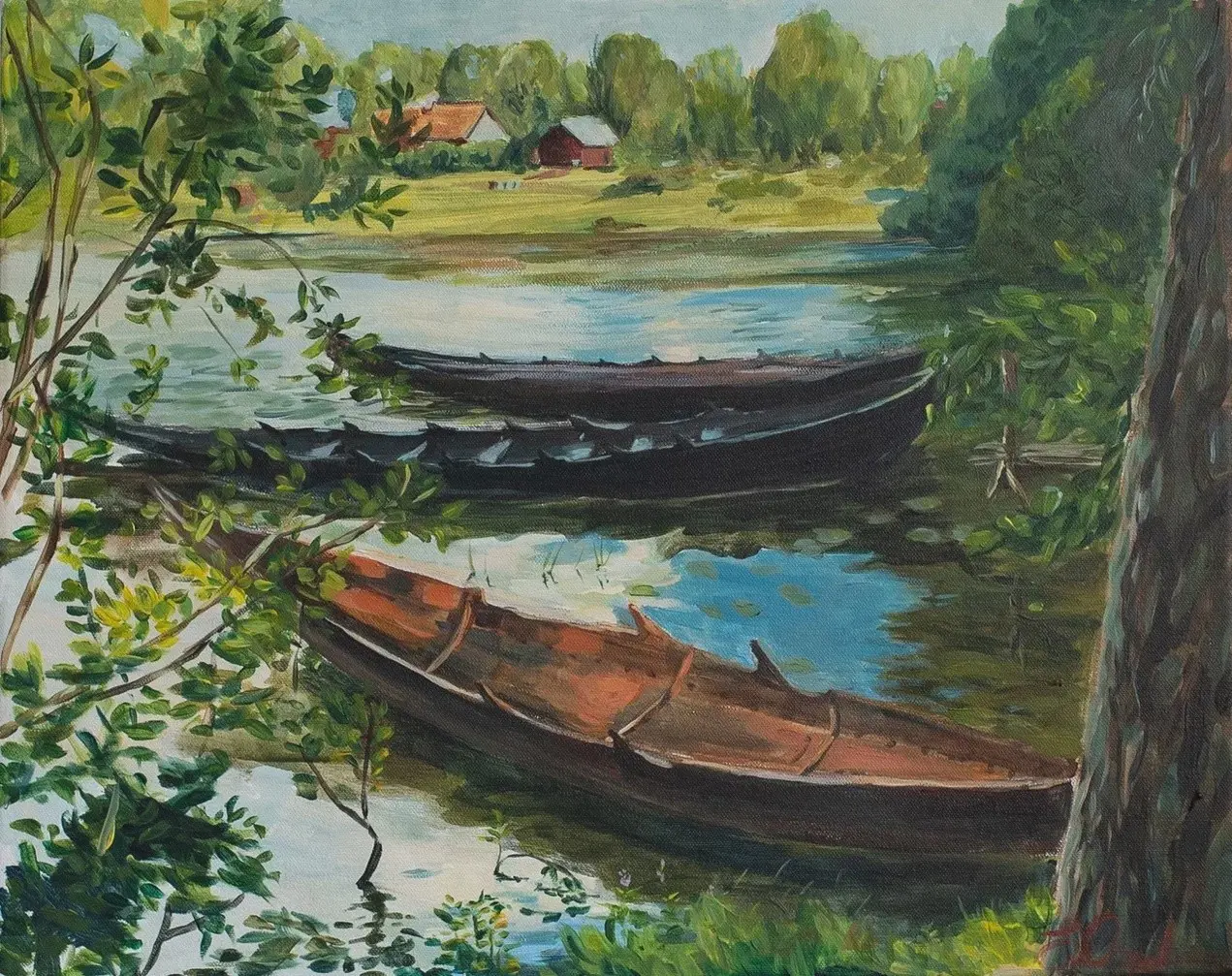 Akrylmålning Vikingaby. Båttarna. av Eugenia Arinstein