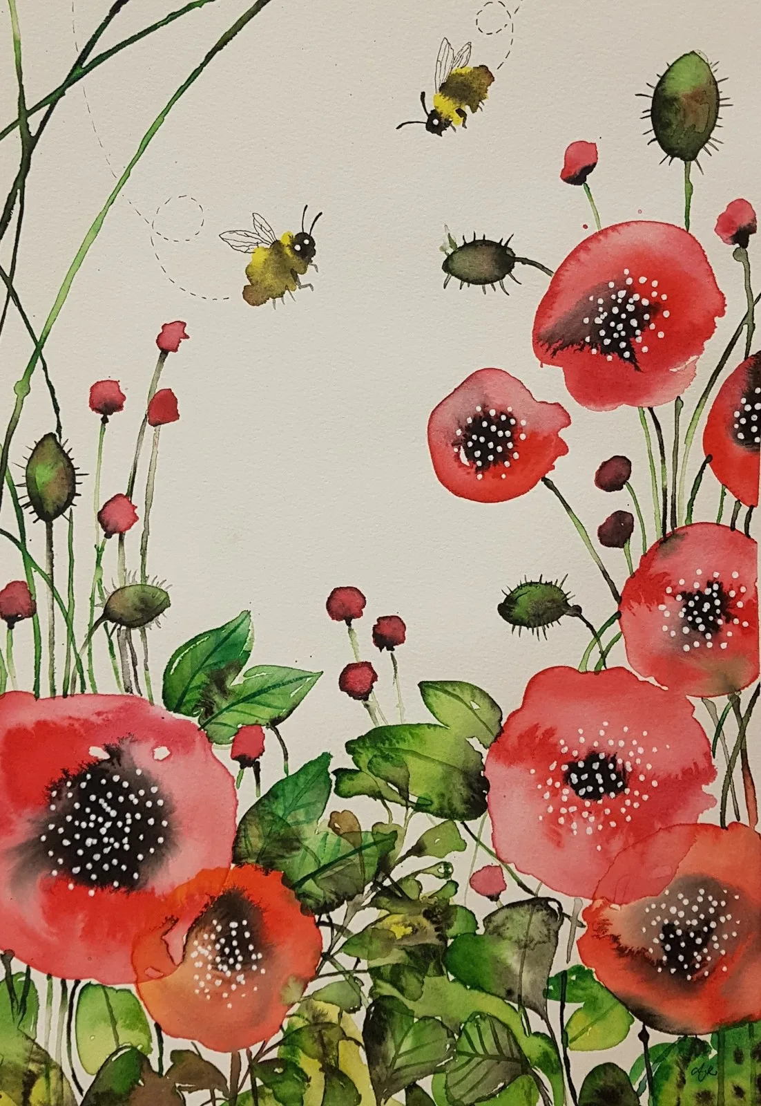 Akvarell Snurriga humlor av Anna Komstadius