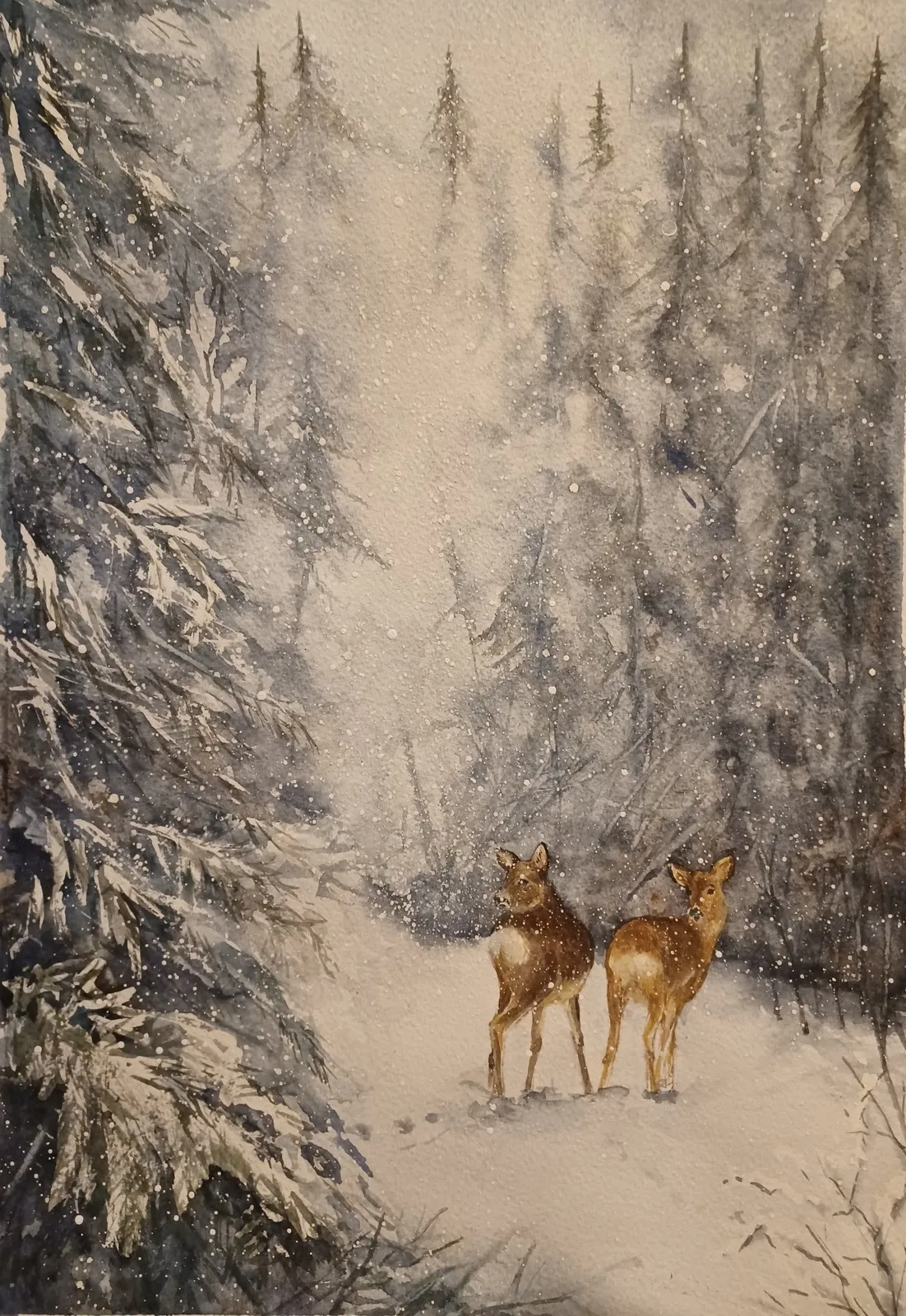 Akvarell Rådjur i snön av Jenny Bellgran