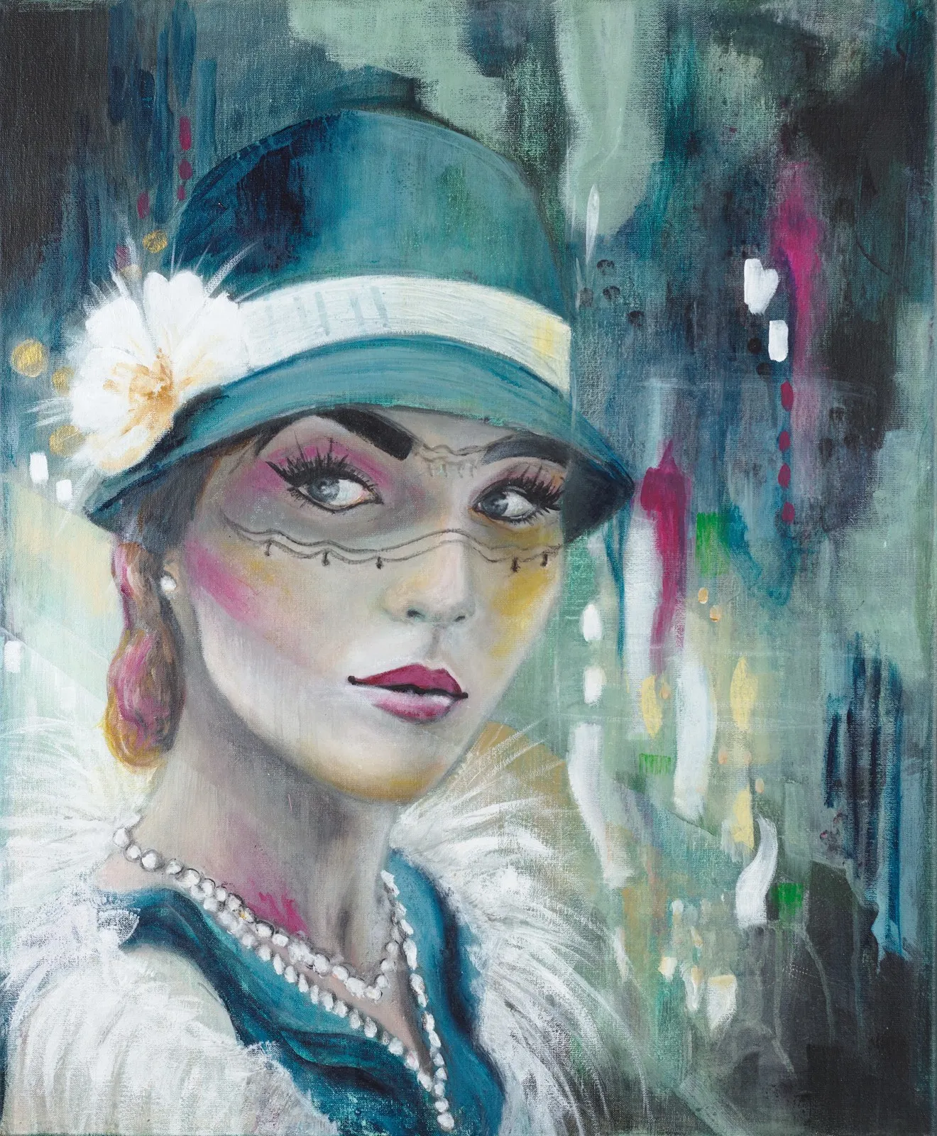 Akrylmålning Women in the green hat. Såld. av Marlene Wemmert