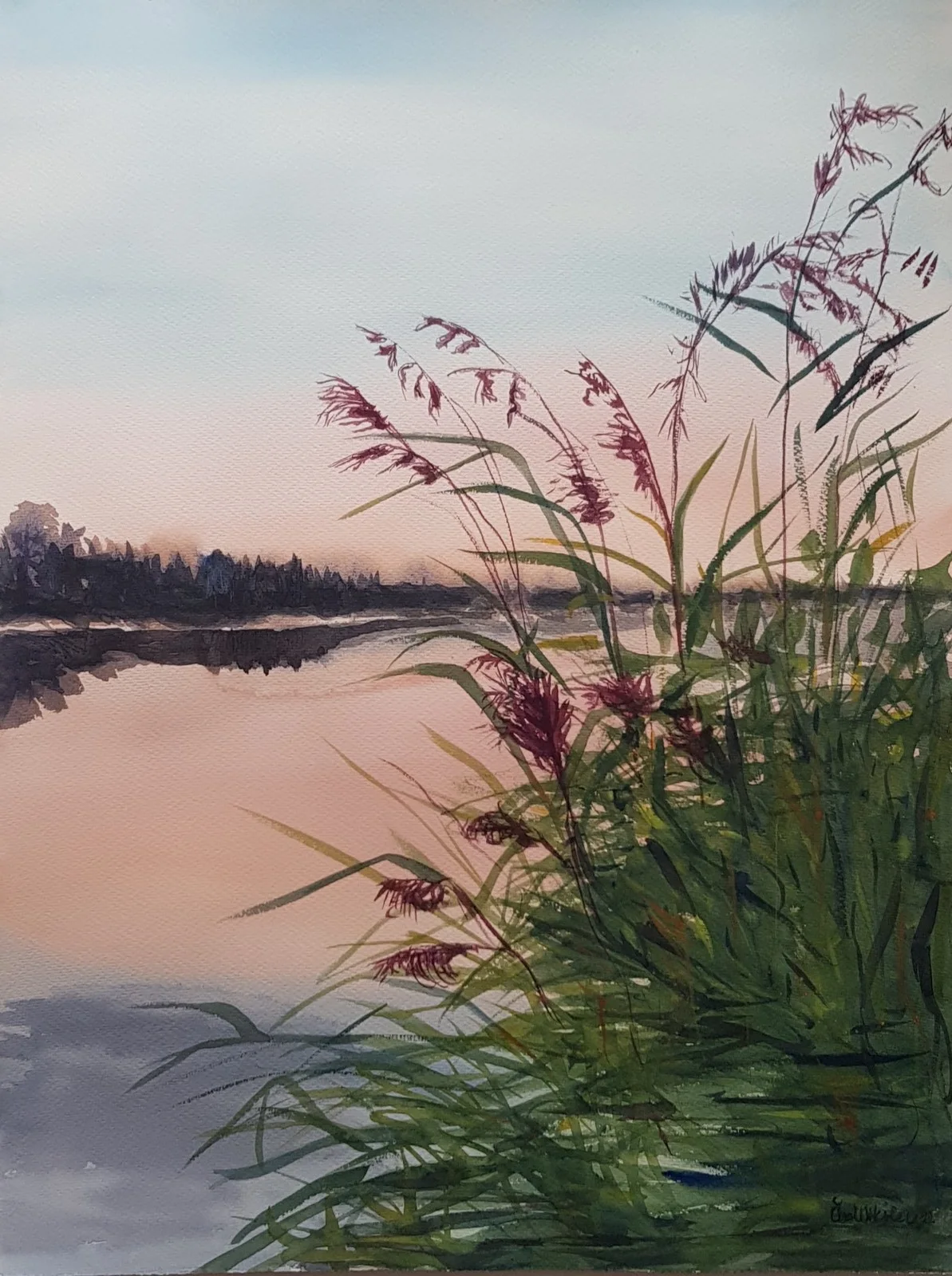 Akvarell Landskap. Sommarnatt Fårösundet av Åsa Wiksten