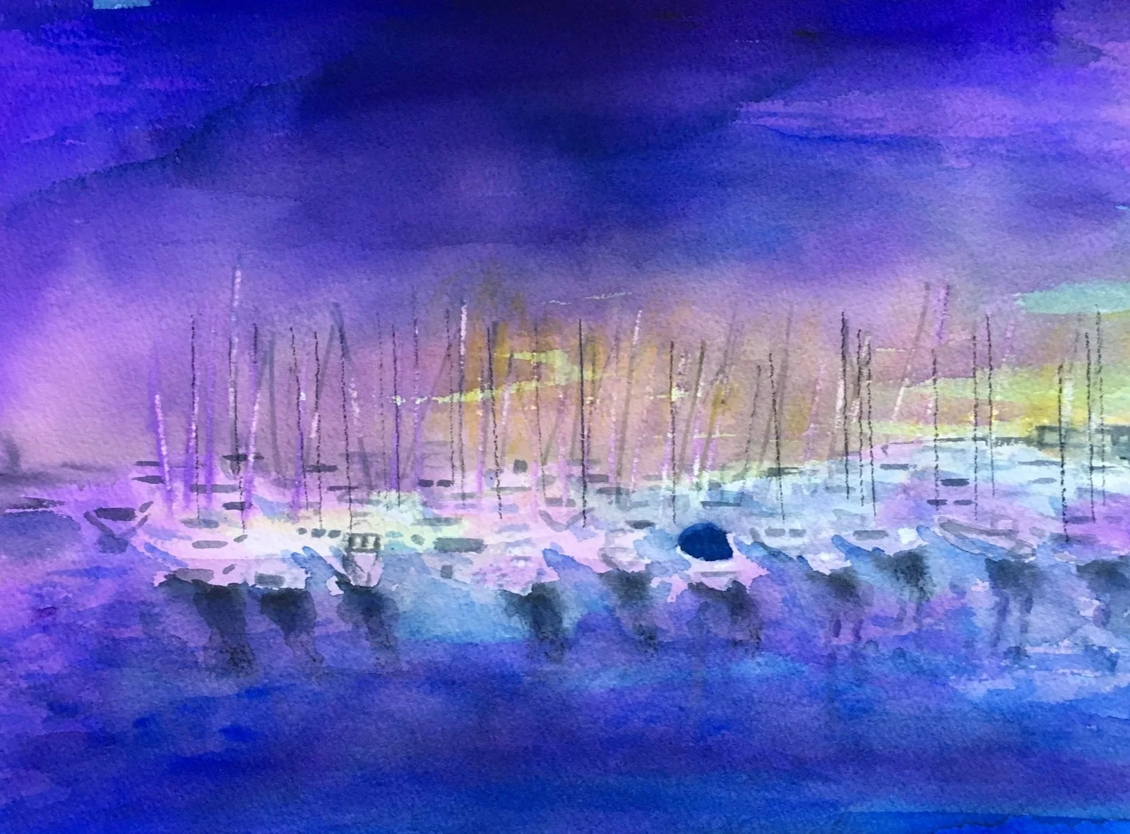 Akvarell Kvällsljus vid marinan av Gunilla Tuvin