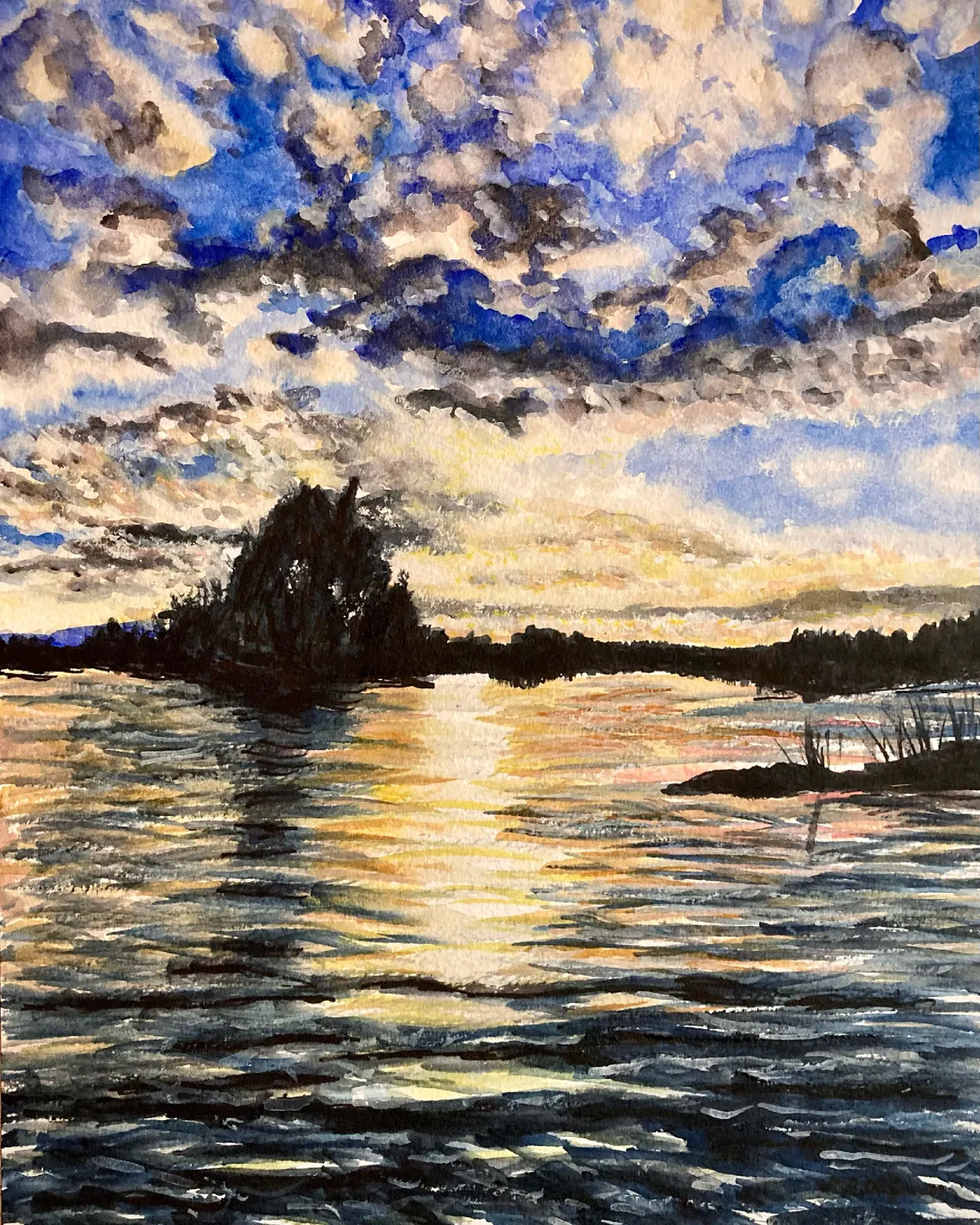 Akvarell Dramatisk himmel över sjön av Marianne Akasha Olofsson