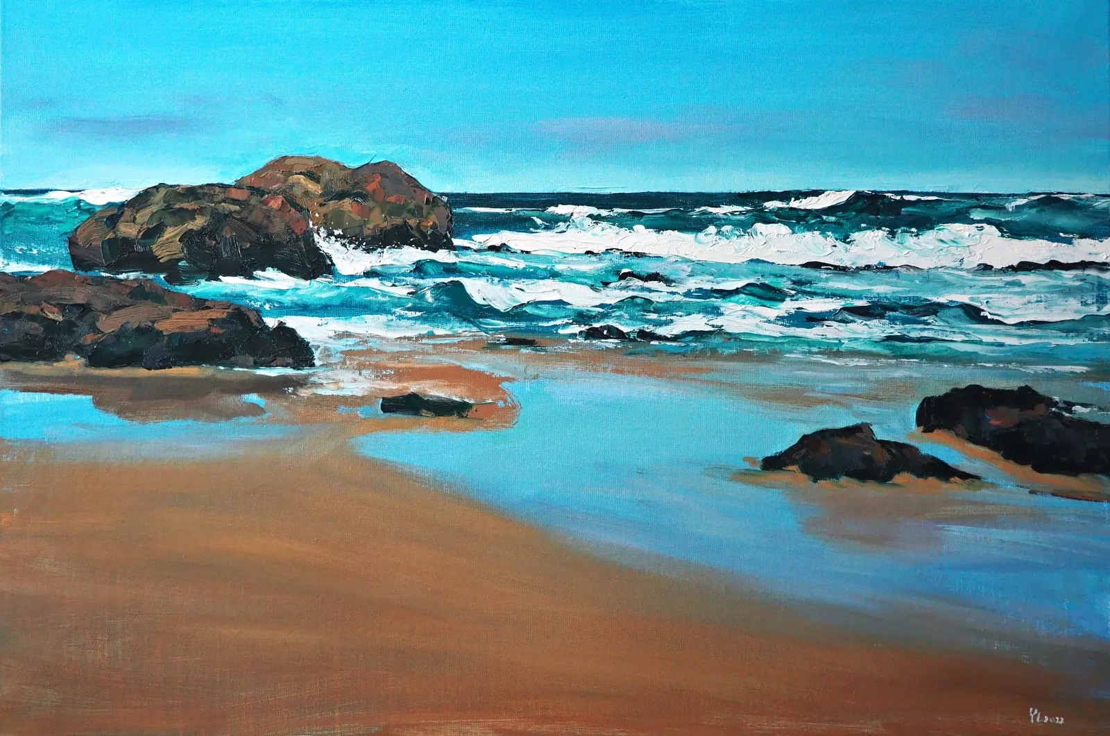 Oljemålning Cascais strand av Yuanyuan Liu