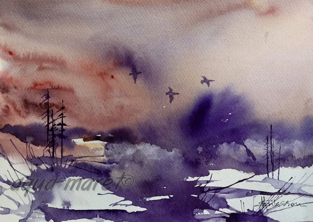 Akvarell Blue birds av Maret Eriksson