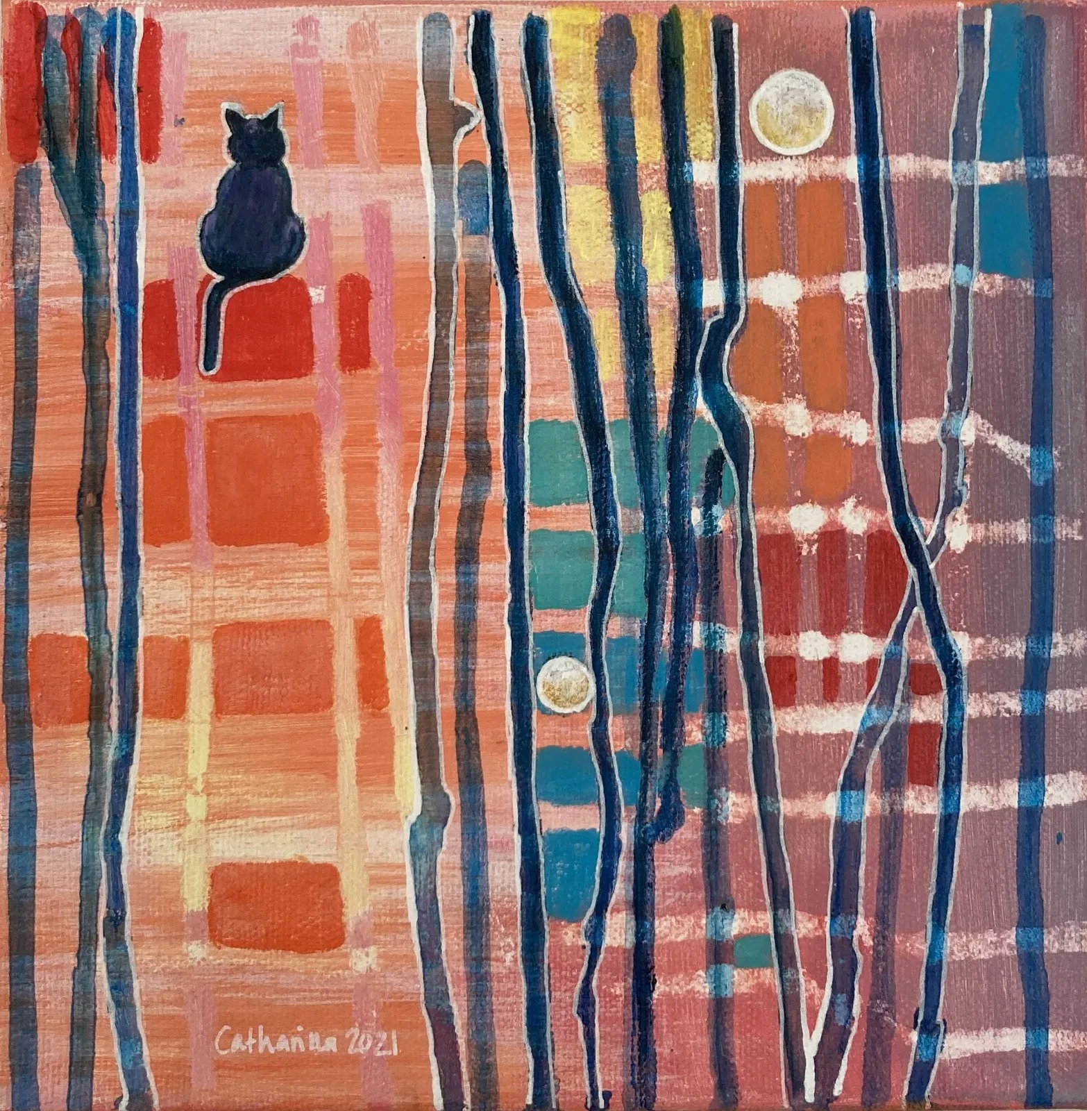Akrylmålning Två gyllene klot och en katt / Two golden orbs and a cat av Catharina Johansson Söderström