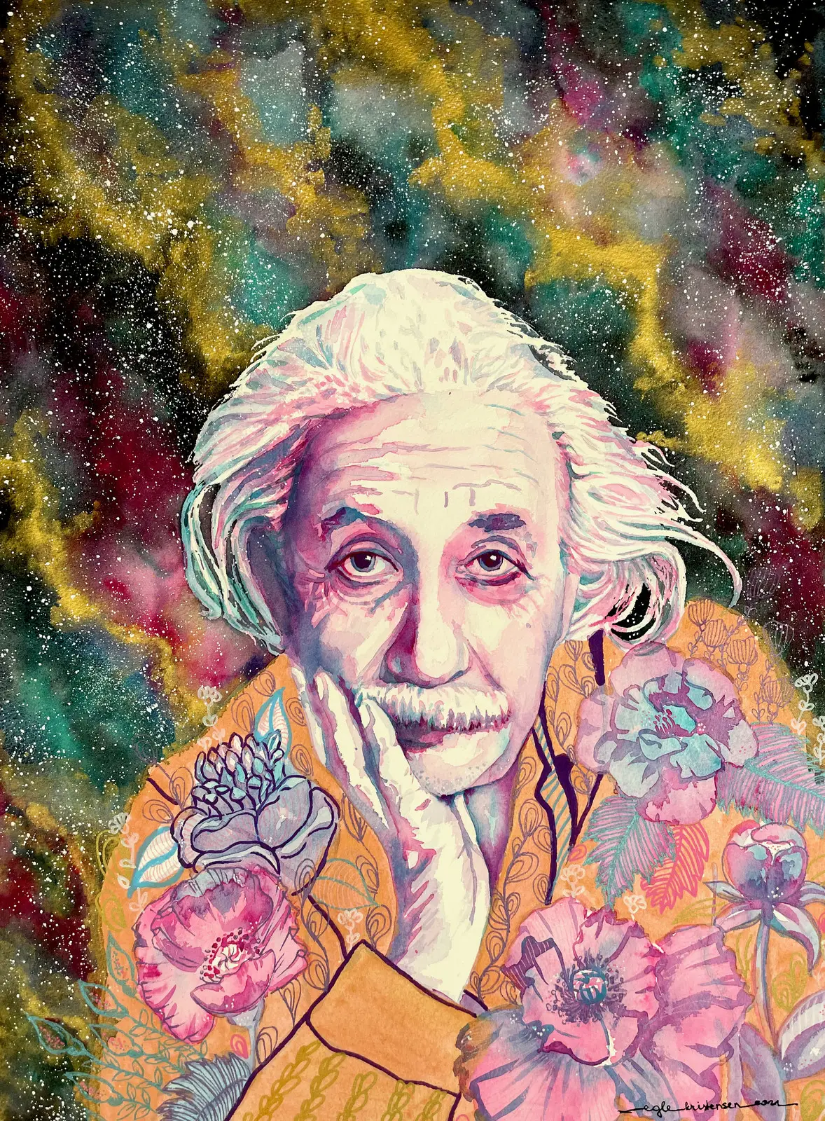 Akvarell Albert Einstein with flowers and gold av Egle Kristensen