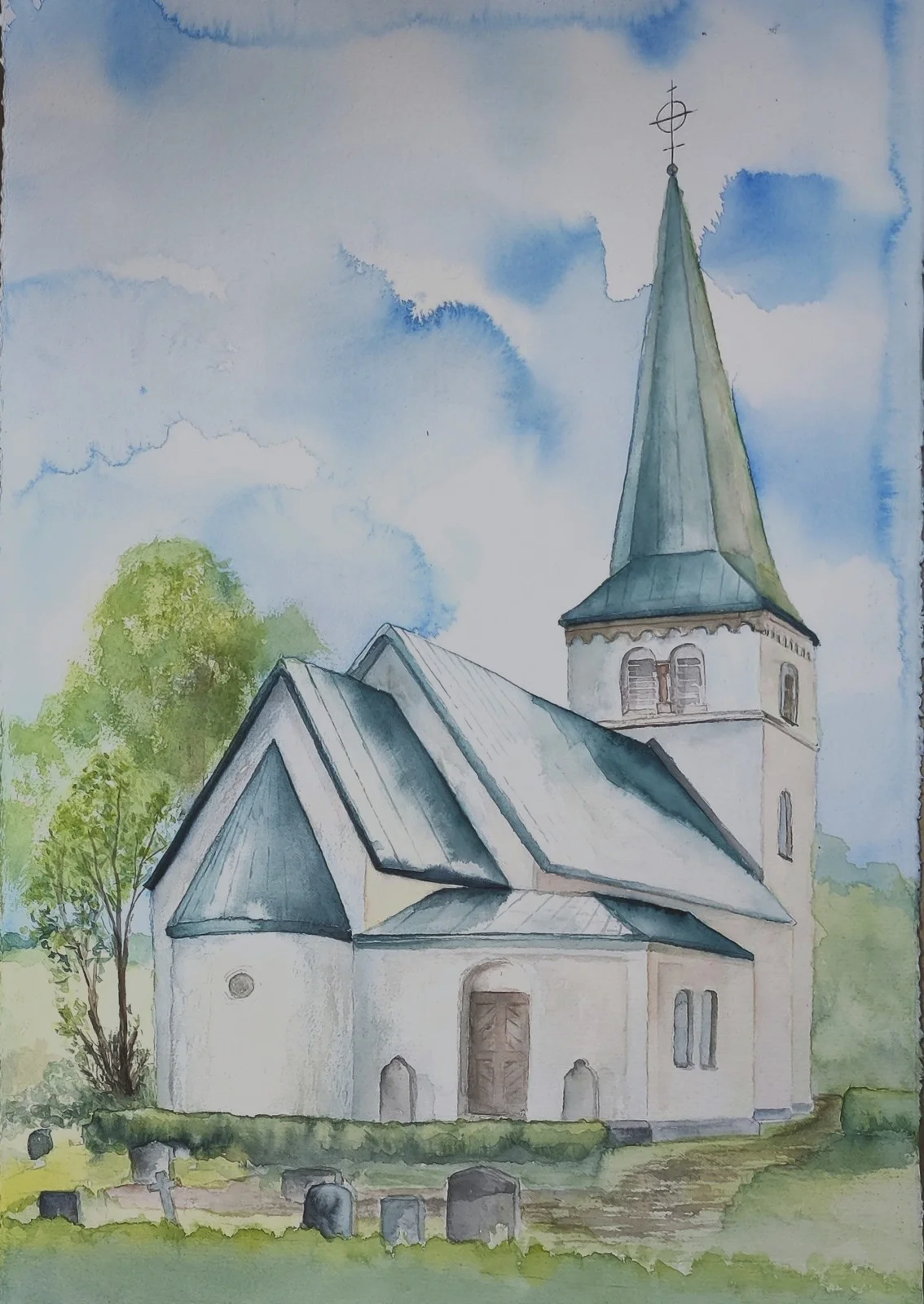 Akvarell Fornåsa kyrka av Mikael Weddfelt