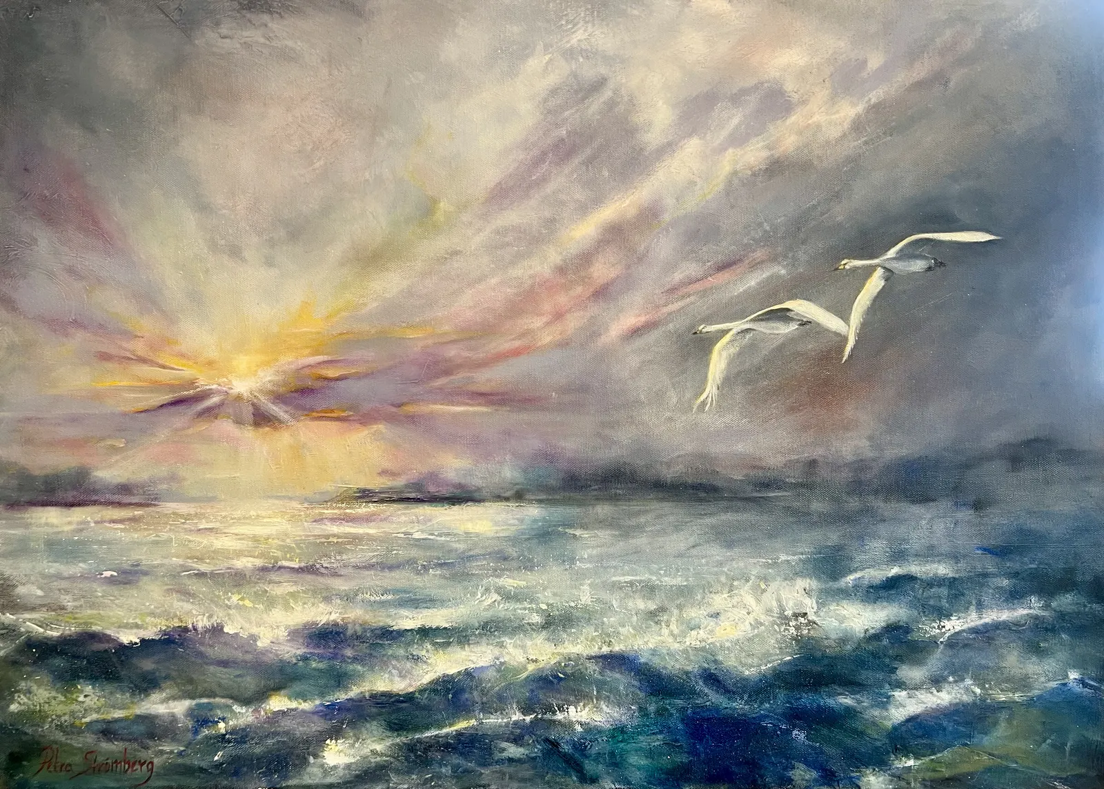 Oljemålning Svanar över  brusande hav av Petra Strömberg