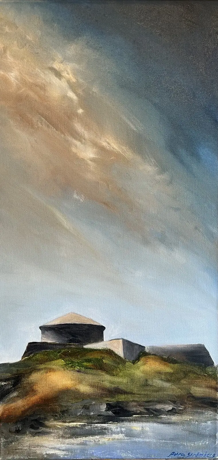 Oljemålning Dalarö Skans med vågskvalp av Petra Strömberg